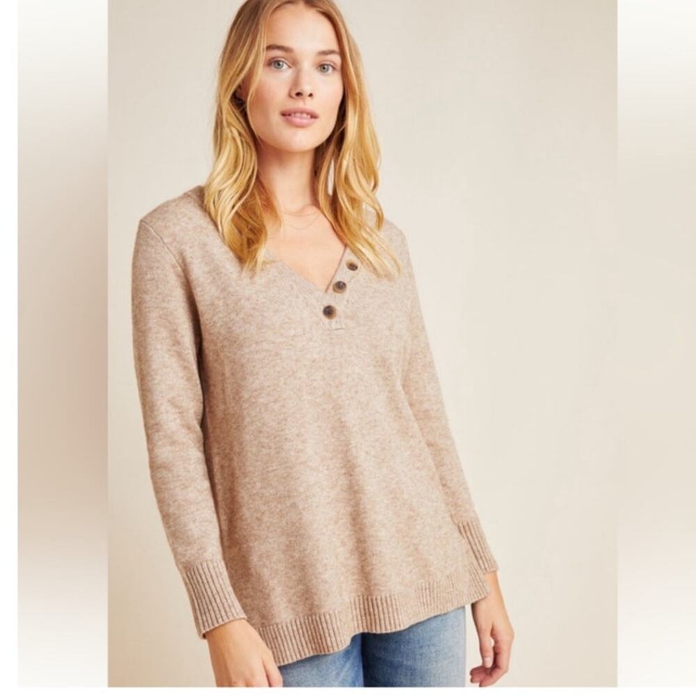 Anthropologie Women’s Small Serena V-neck Pullover Sweater Tan Knit Button Cozy